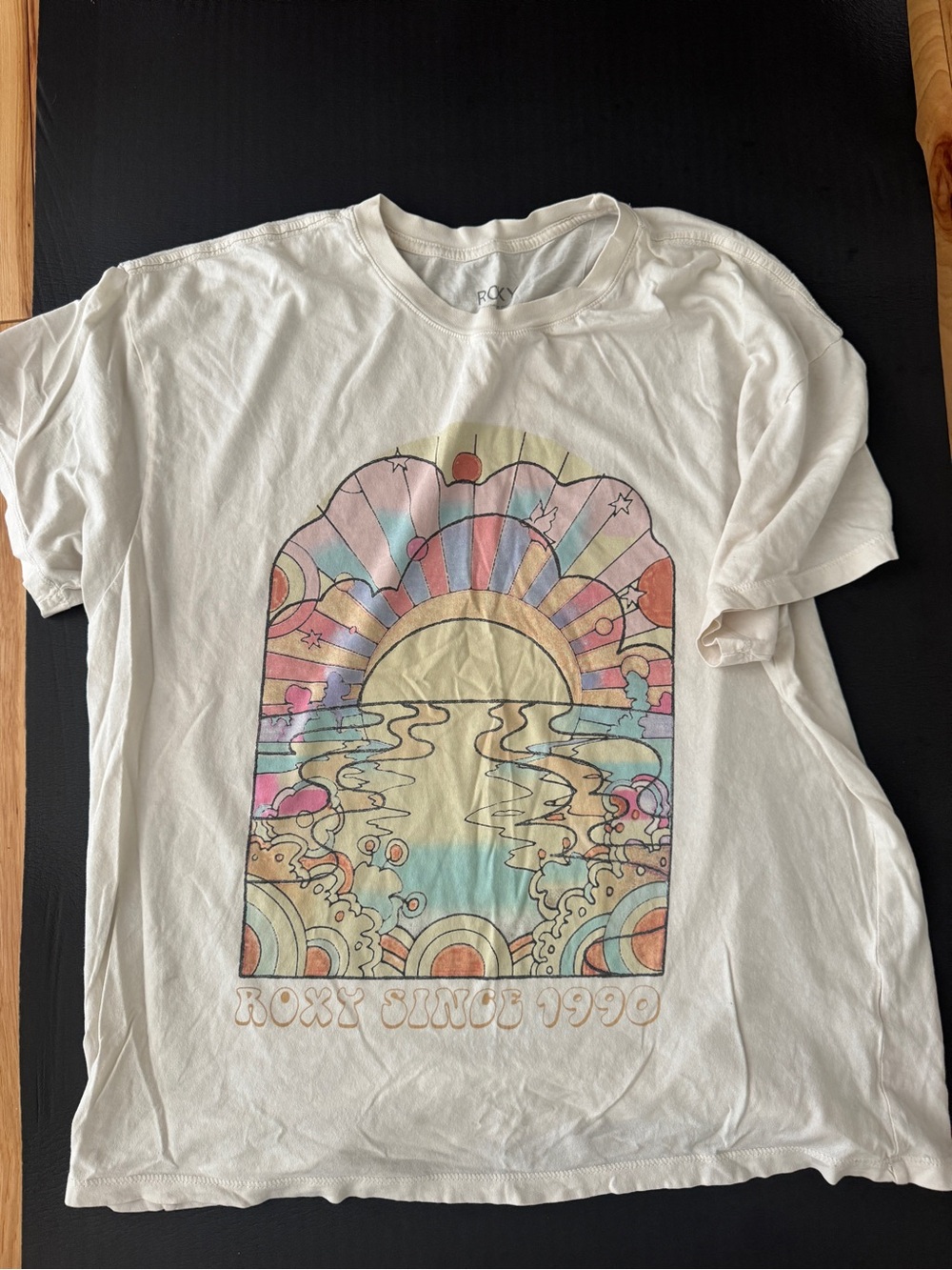 Roxy White Tee with Pastel Retro Sunrise Graphic